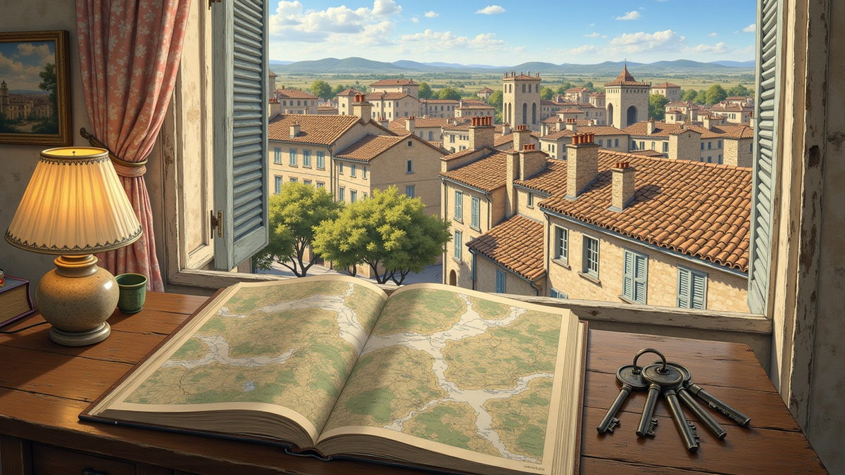 An open atlas and a ring of rented keys on a desk by a shuttered window, rooftops of the old town beyond.