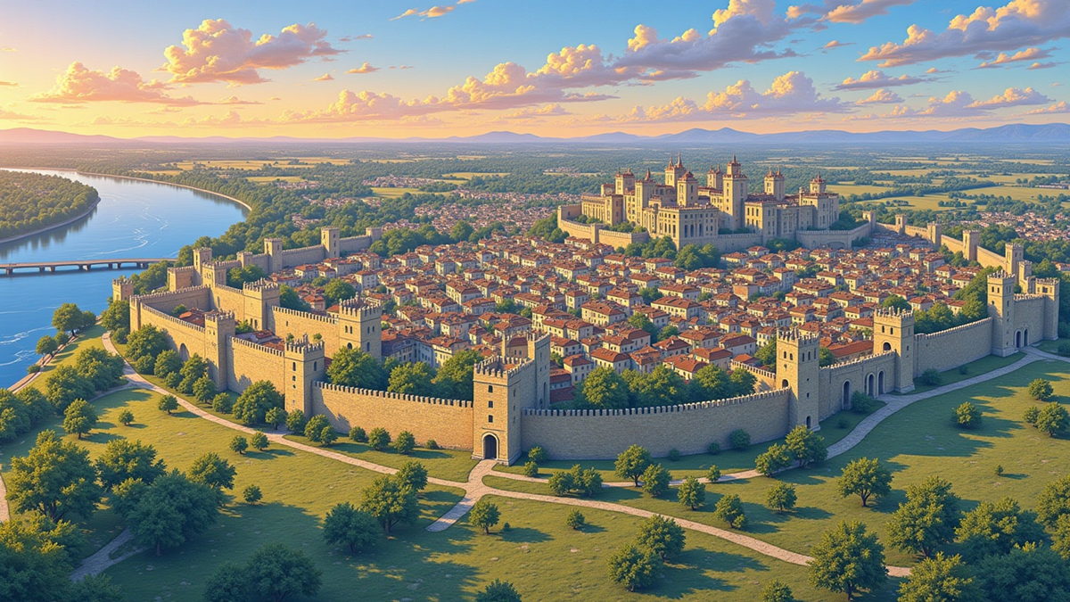 The full ring of medieval ramparts from above at golden hour, the town packed inside and the river beyond.