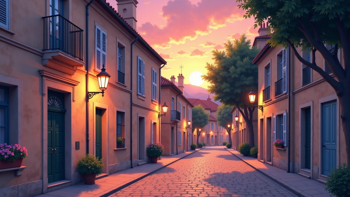 A narrow cobbled street on the first evening, shutters closed, a lantern coming on against a pink sky.