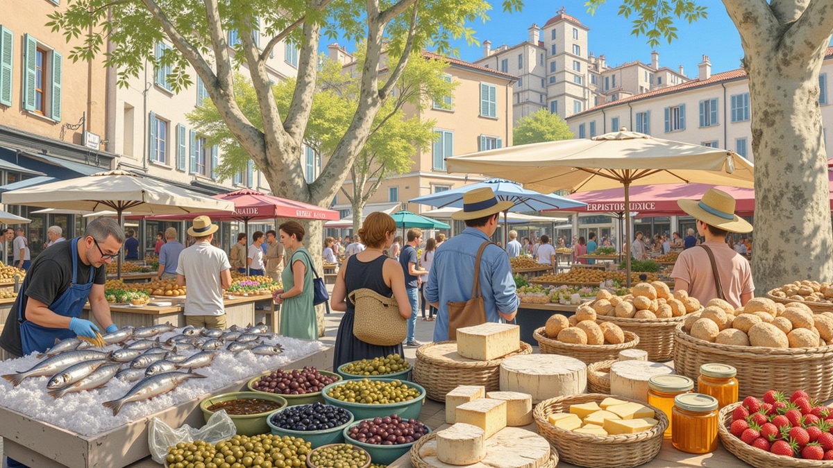 The morning market under plane trees, stalls of olives, cheese and fruit, shoppers moving between them.