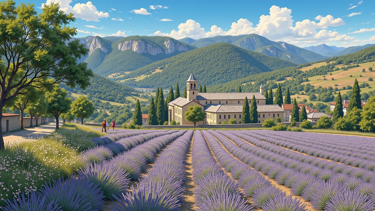 Rows of lavender running down a valley toward an abbey, hills soft behind it in midday light.