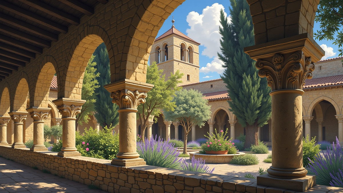 A stone cloister with arched galleries around a planted garden, cypresses and a bell tower above.