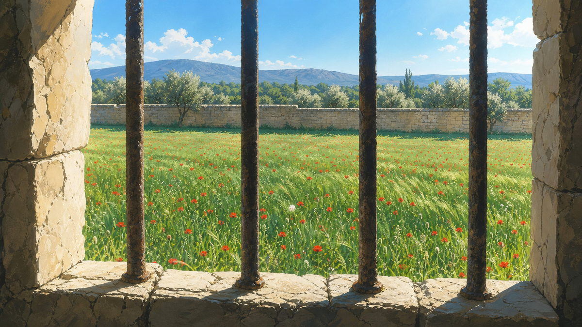 A barred window looking out on a green wheat field, hills and open sky beyond the iron.