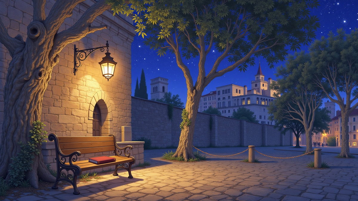 A bench under a tree at night, one lantern lit on the wall, the town blue and quiet behind it.
