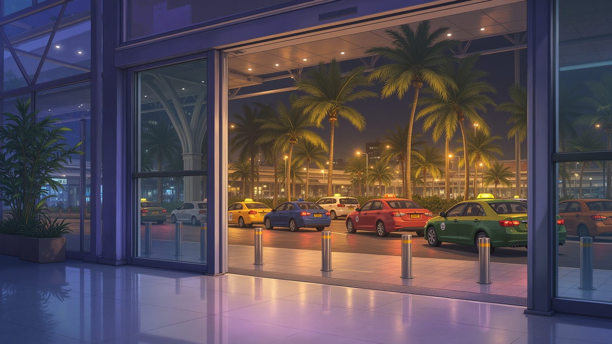 Airport doors sliding open onto a warm tropical night, haze beyond them and the coloured lights of a taxi rank among palms.