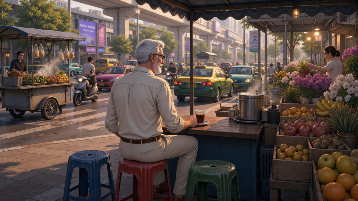 A Bangkok street in the morning seen from a small coffee stall, taxis and scooters threading past food carts, a fruit stall and a woman arranging orchids.