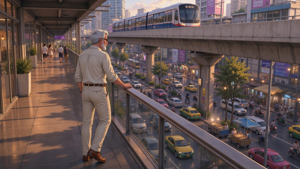 An elevated walkway beside the Skytrain with glass mall doors opening off it, and the ground street carrying on far below past the rail.