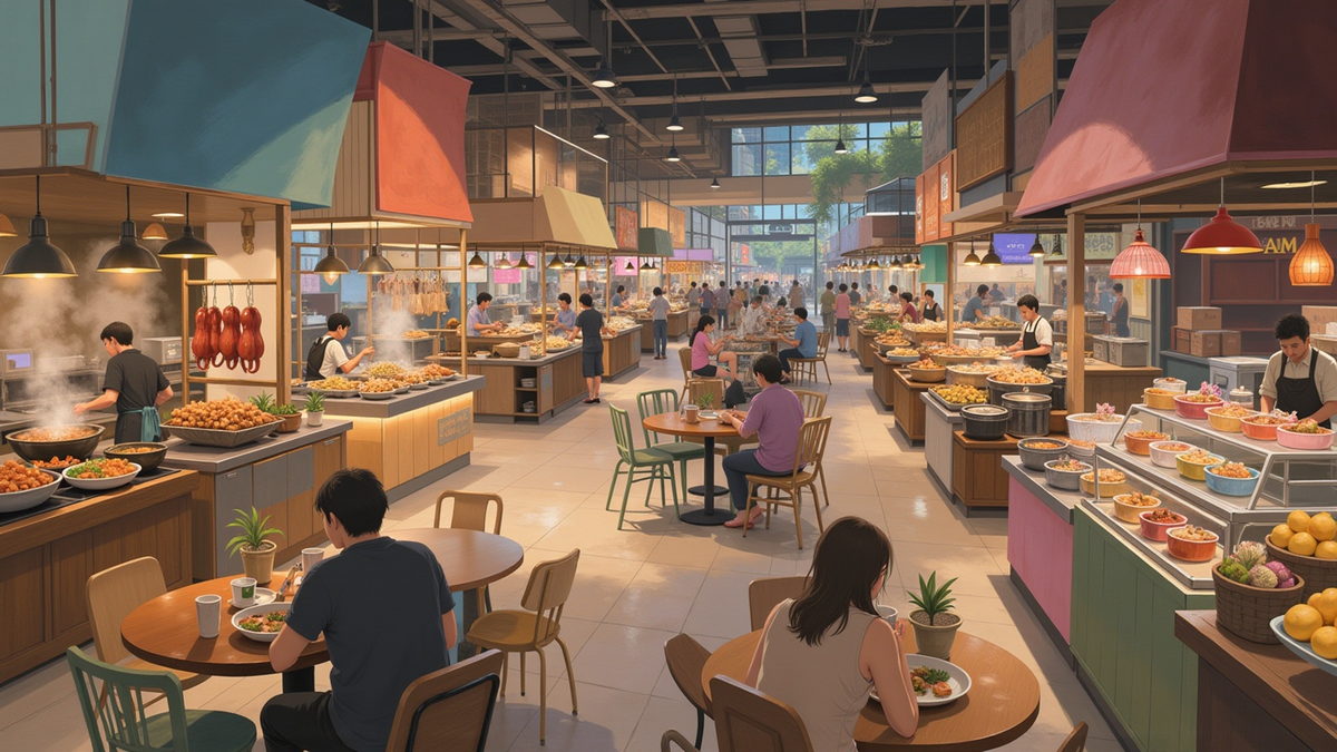 A mall food court stretching away under one roof, every counter different, steam rising over scattered tables.