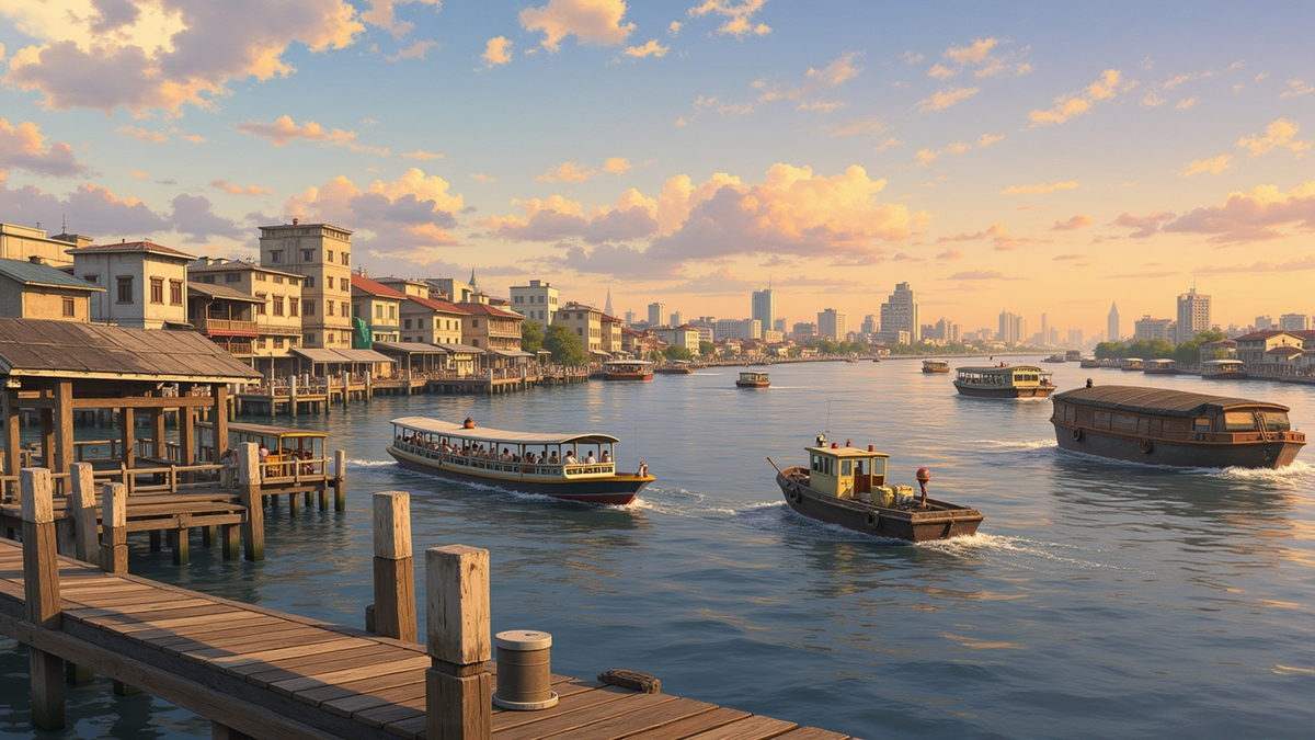 The Chao Phraya opening wide in the late afternoon, ferries and barges working mid-stream beside an old wooden pier.