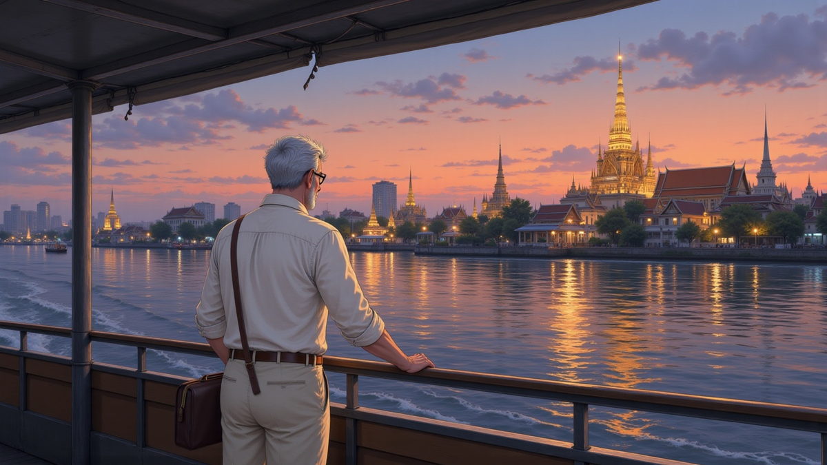 From the deck of a river ferry at dusk, temple spires lighting one by one along the bank, their gold laid across the water in long reflections.