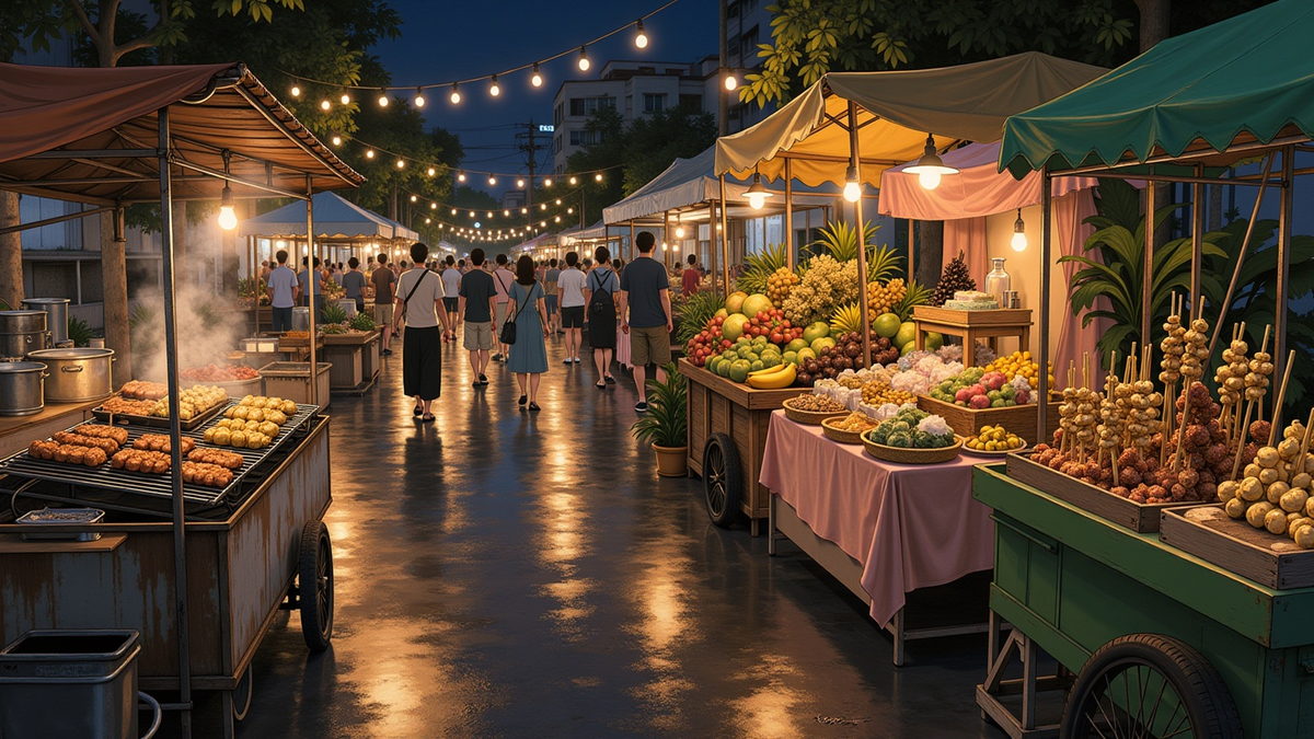 A night market under strings of fairy lights, every stall different, steam rising and warm bulbs reflected on wet pavement.