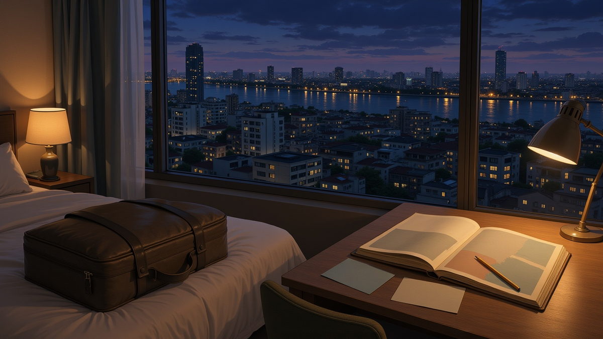 A packed bag on the bed of a high hotel room at night, an open atlas and two postcards on the desk, the stacked city going quiet beyond the window.