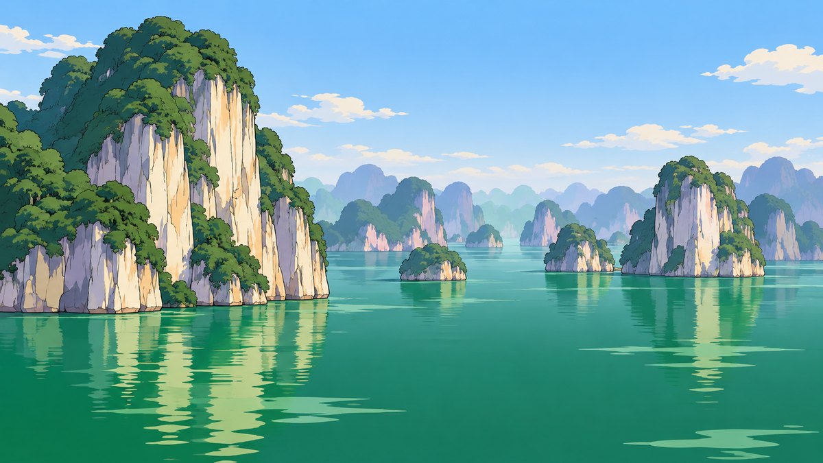 Tall grey limestone islands capped with dark green trees standing straight up out of flat green water, a crowd of smaller ones fading into blue haze behind them under a clear sky.
