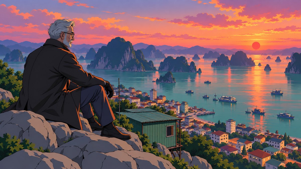 Henry seated on grey rocks at the top of a hill beside a small green tin hut, looking out at sunset over a town of pale houses and a harbour of boats to a bay full of island silhouettes, the sun a red disc low over the water.