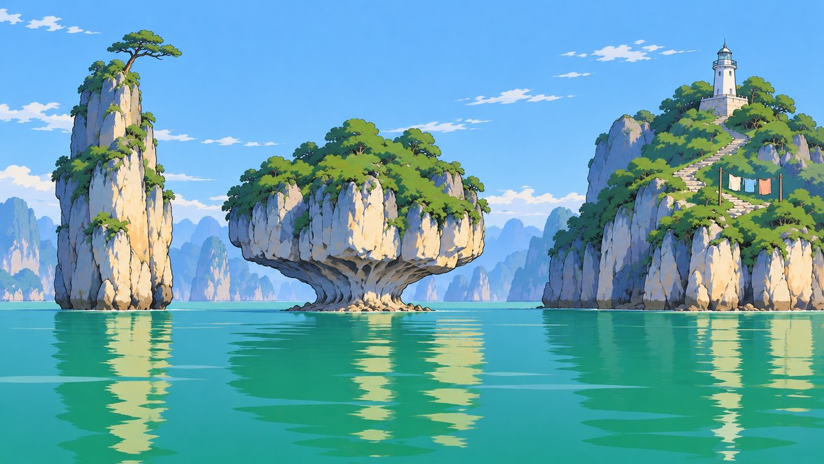 Three islands in still green water: a tall thin pillar with a single leaning pine on top, a low one worn away at the waterline so that it stands on a narrow stem like a mushroom, and one with a white lighthouse, a stone path and a line of washing.