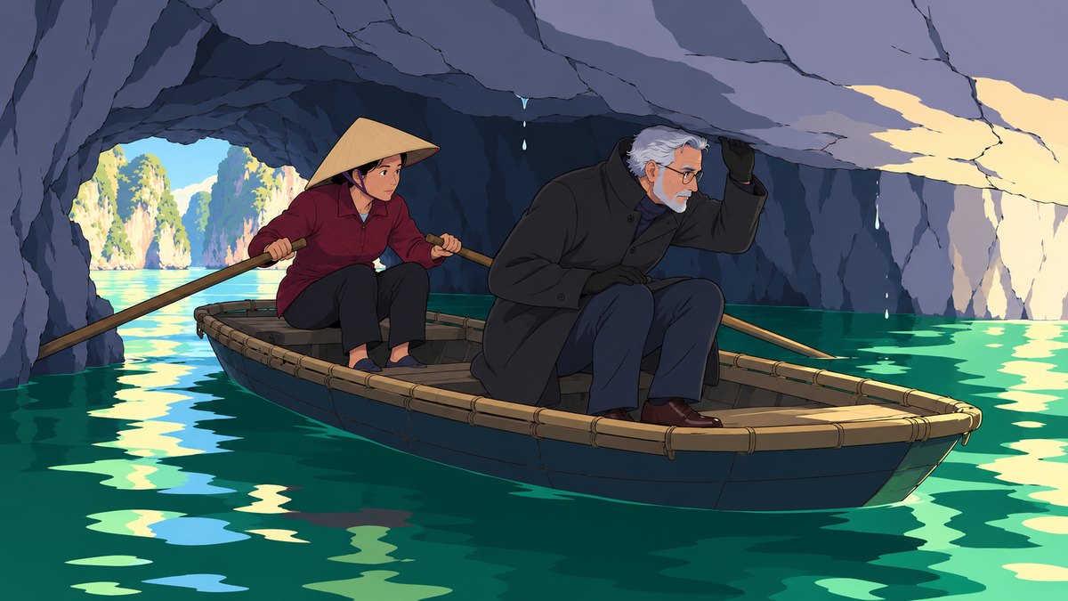 Under a low dripping rock arch, a woman in a conical straw hat and a red jacket rows a small bamboo boat while Henry crouches in the bow with one gloved hand raised to the stone roof, daylight and green island cliffs at the far end.