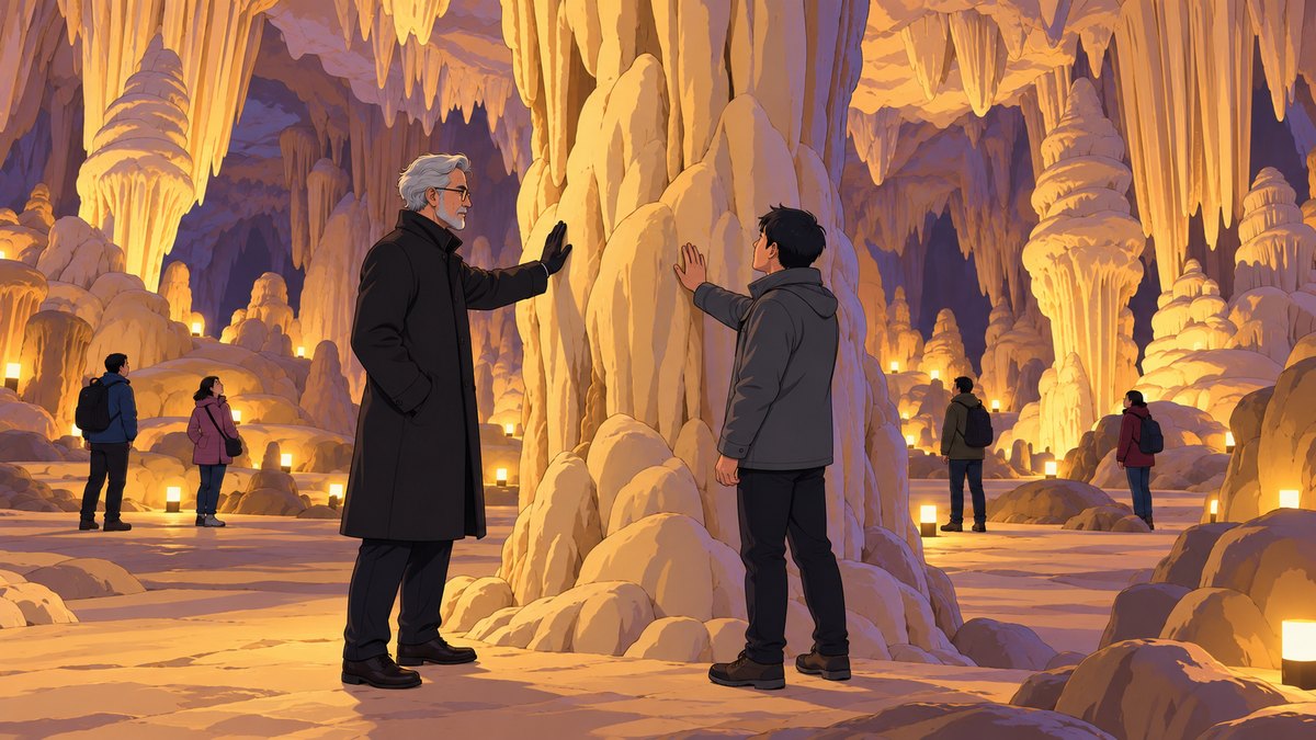 Henry and a young man each lay a hand on a great stone pillar in a cave hall lit gold by low lamps along the floor, the roof hanging down in folds, other visitors small among the formations.