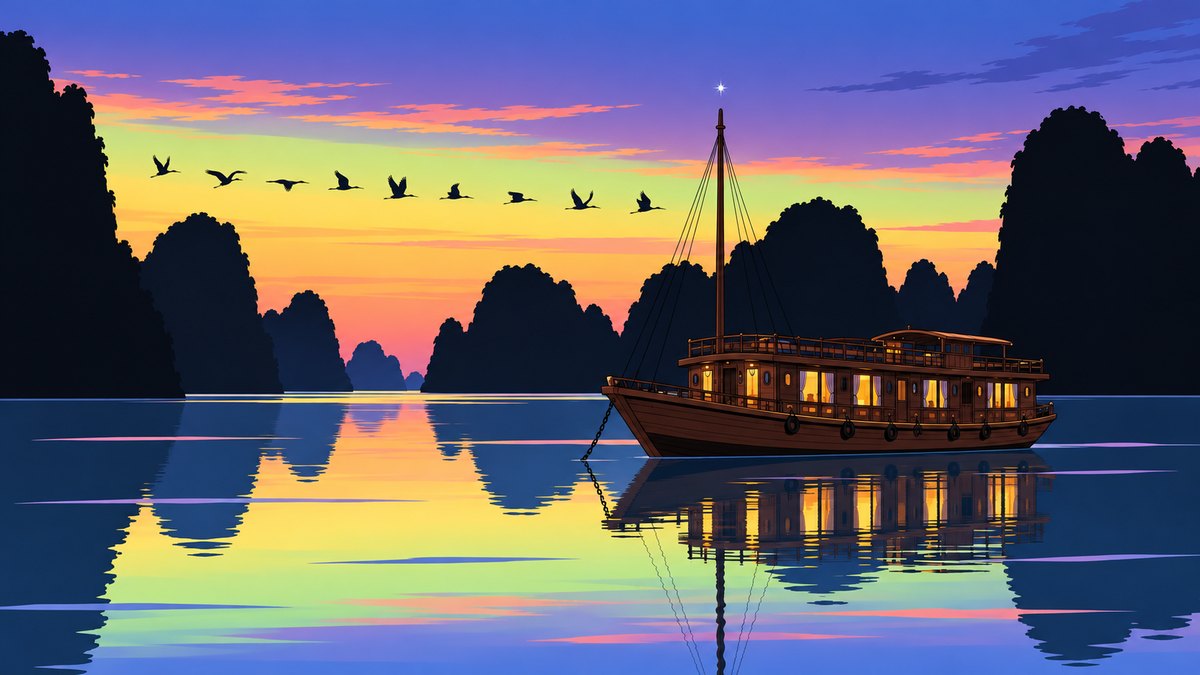 Dusk at anchor: the wooden cruise boat with its cabin windows lit gold, its anchor chain running into still water, black island silhouettes against a sky going from yellow to violet and a line of birds flying home.