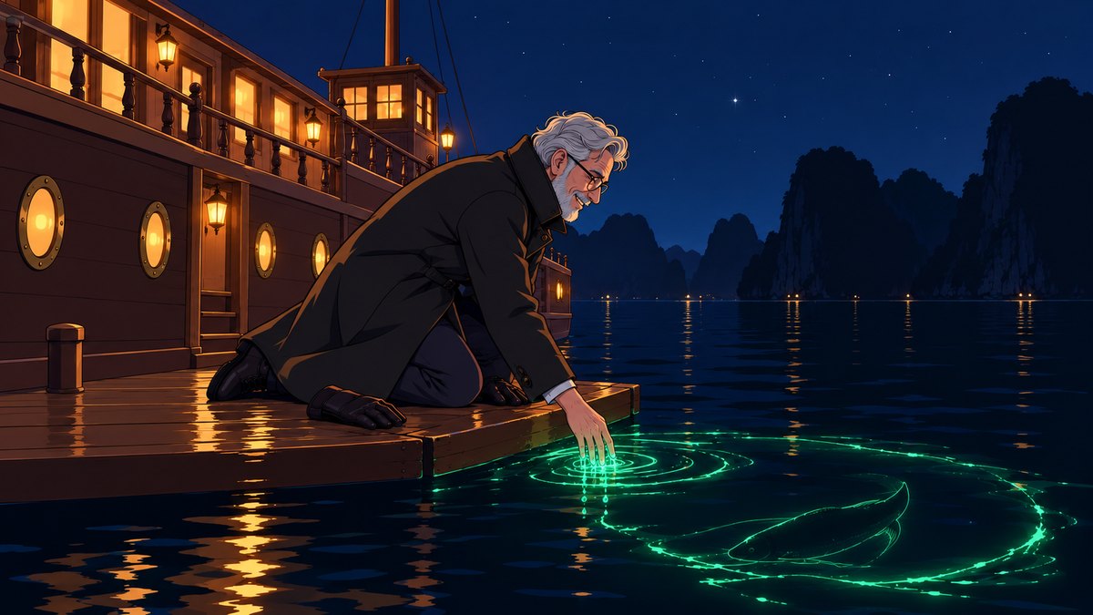 Night at the stern of the boat: Henry kneels on the low wooden deck with one hand in the black water, and green light swirls out from his fingers in rings and outlines a passing fish.