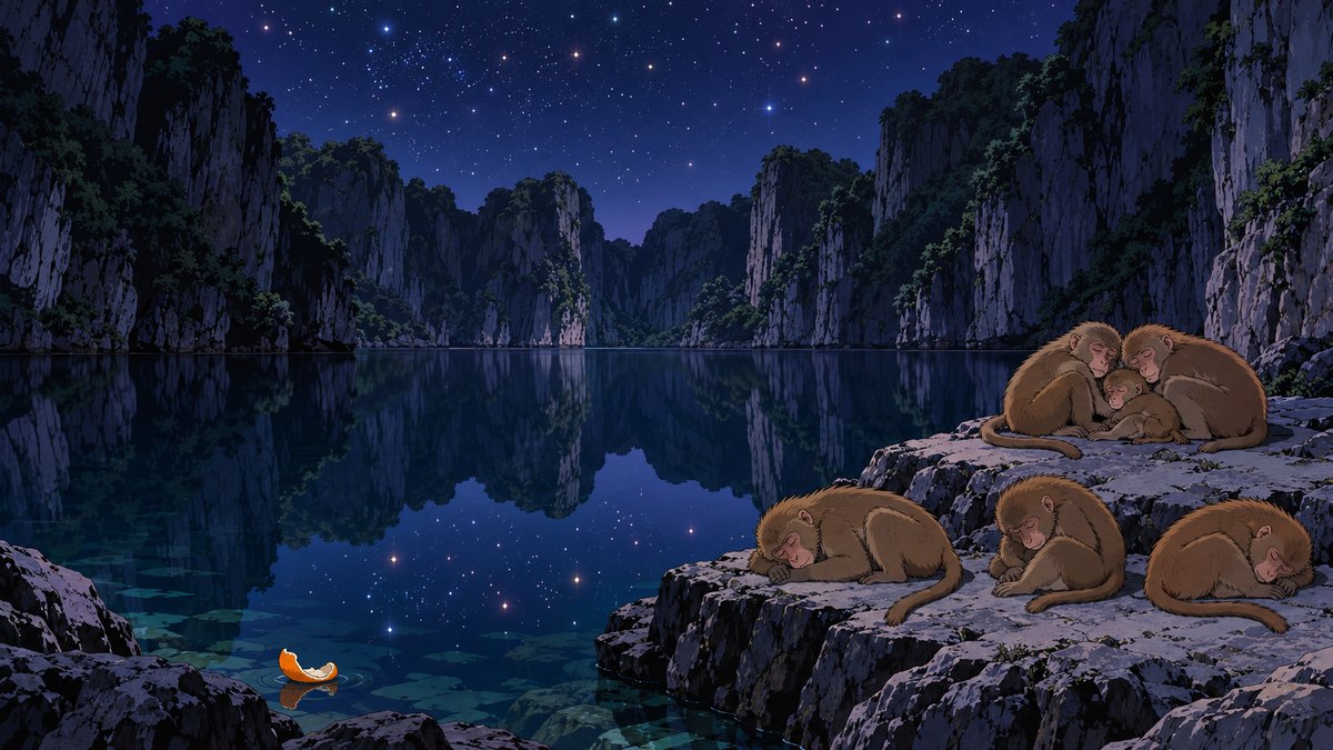 The hidden lake inside the island at night, flat and full of stars under a ring of black cliffs, a piece of orange peel floating by the rocks and a family of brown monkeys asleep curled together on a stone ledge.