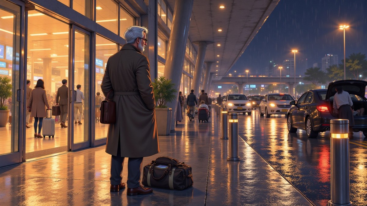 Henry a step outside the airport doors at ten at night, his breath showing, the heavy wool overcoat pulled on over a linen shirt and an open bag at his feet on wet tarmac under sodium light.