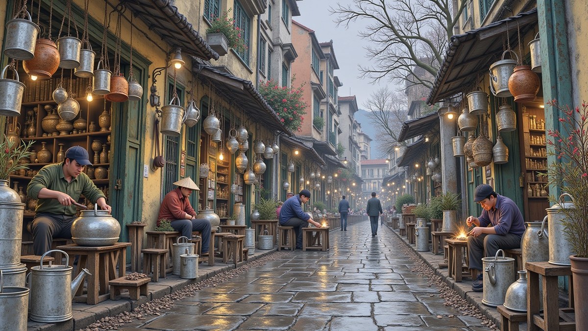 The tinsmiths' street, men beating pots and watering cans out of flat sheets of tin on low blocks, the finished ware hung in bright rows above the doorways the whole length of the lane.
