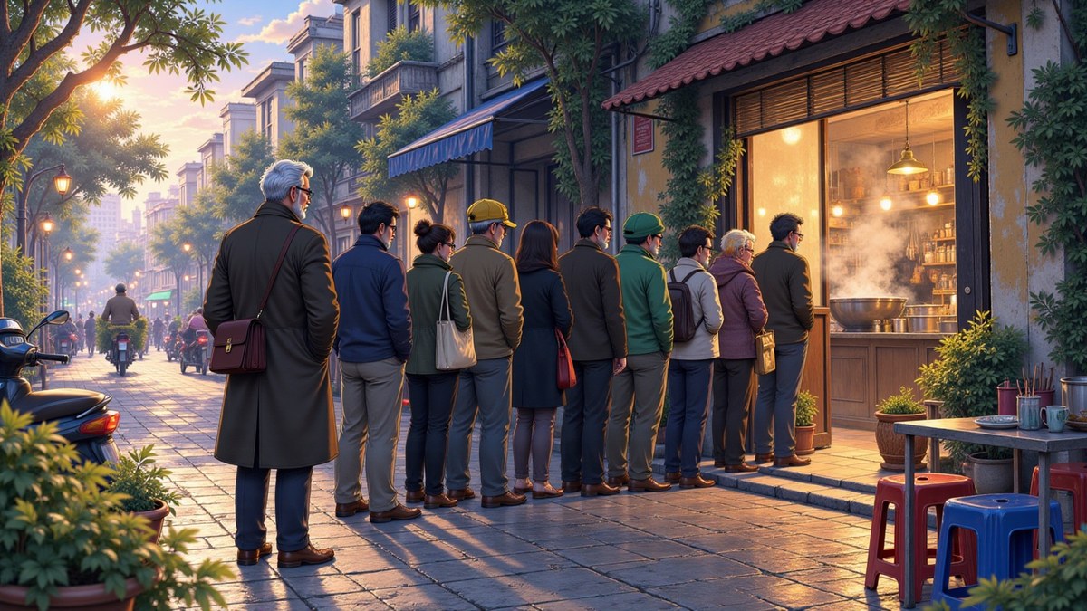 A queue ten deep on the pavement outside a plain soup shop at half past six, working people in jackets standing in the cold, steam rolling out of the doorway from the broth pots.