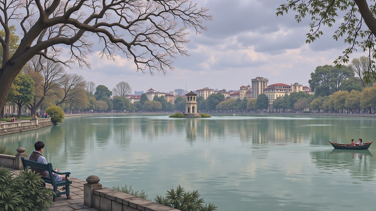 Hoan Kiem Lake in flat grey daylight, the water opaque jade green, the little stone tower leaning very slightly on its islet, bare-branched trees along the bank.