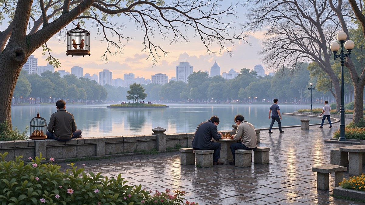 The same grey hour further round the lake, a badminton rally in the half light, men bent silent over chess at stone tables, a birdcage hung from a low branch.