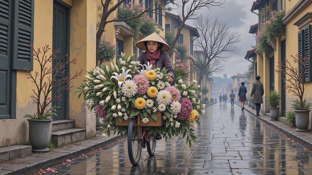 A woman riding a bicycle so loaded with cut flowers that the bicycle has disappeared beneath them, a hedge on wheels of chrysanthemums and white lilies moving down a narrow lane.