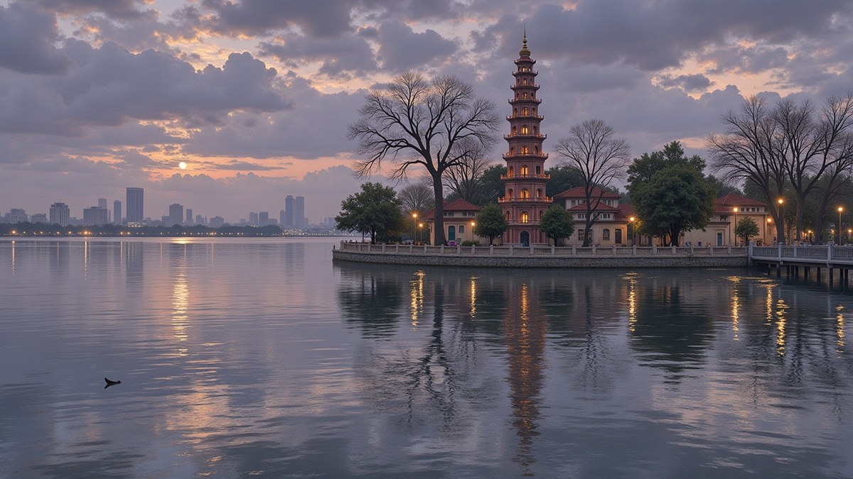 West Lake at dusk with the whole low sun laid out across the water, and on a small promontory the oldest pagoda in the city, a slender dark-red brick tower climbing in tiers.