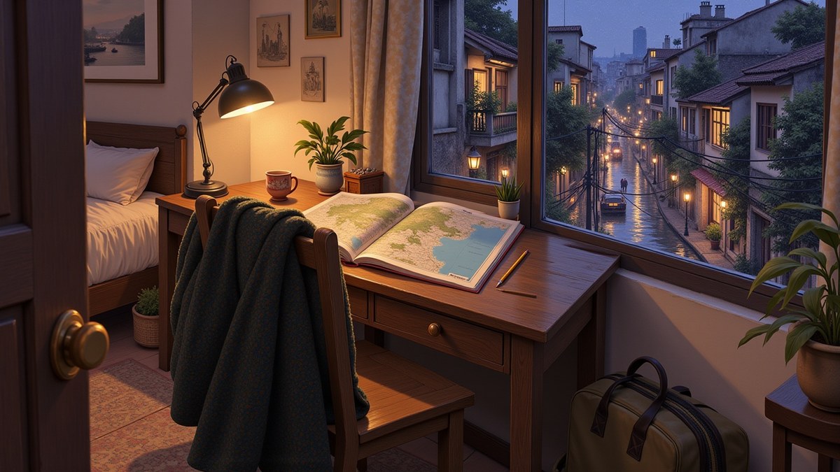 A desk under a single lamp late at night, the worn atlas open at the page for northern Vietnam, one word pencilled small beside Hanoi, the heavy overcoat over the back of the chair.
