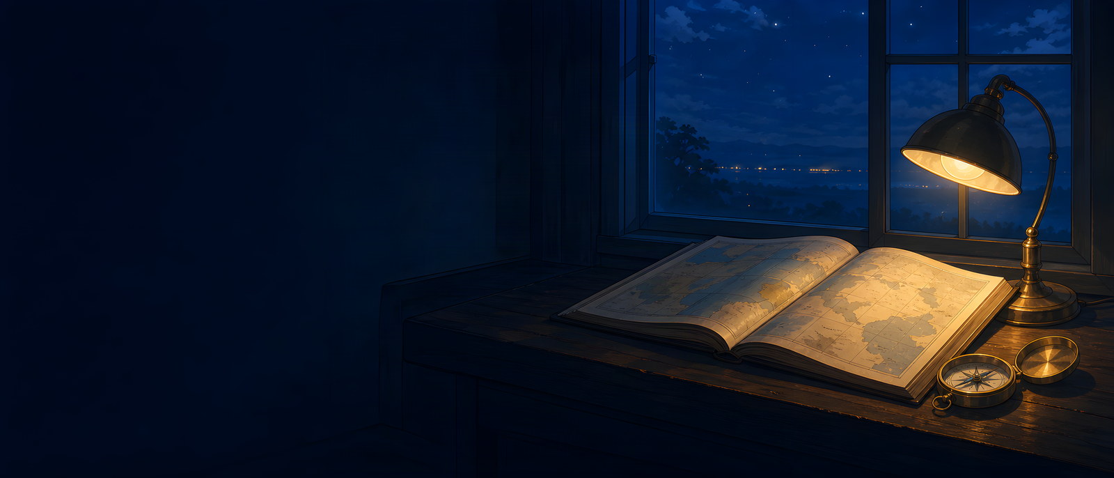 A map-maker's desk at night: an open atlas and a brass compass under a lit lamp, a blue night and distant lights through the window beyond.
