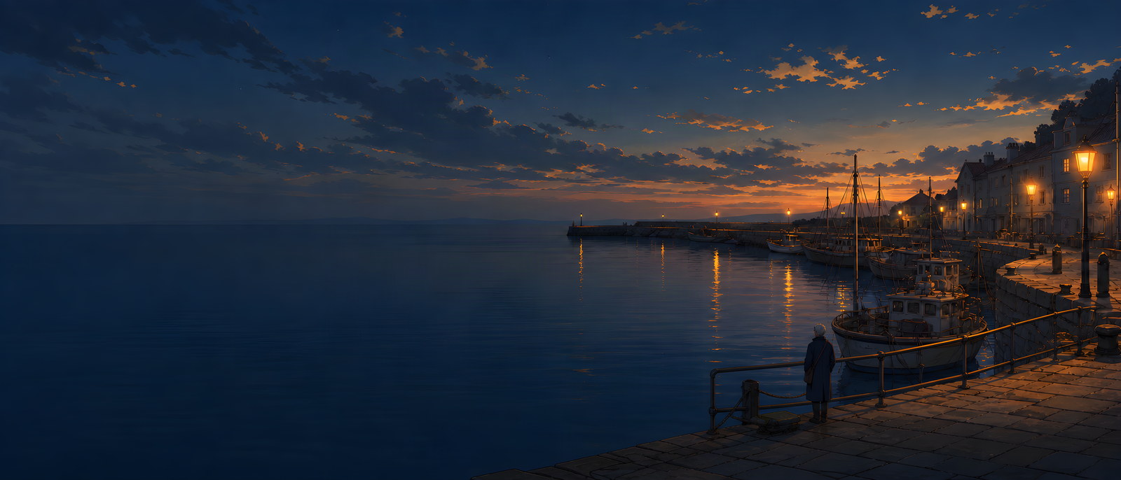 A quiet harbour at dusk, moored boats and lamps coming on along the quay, warm light lying on dark water, Henry at the rail.