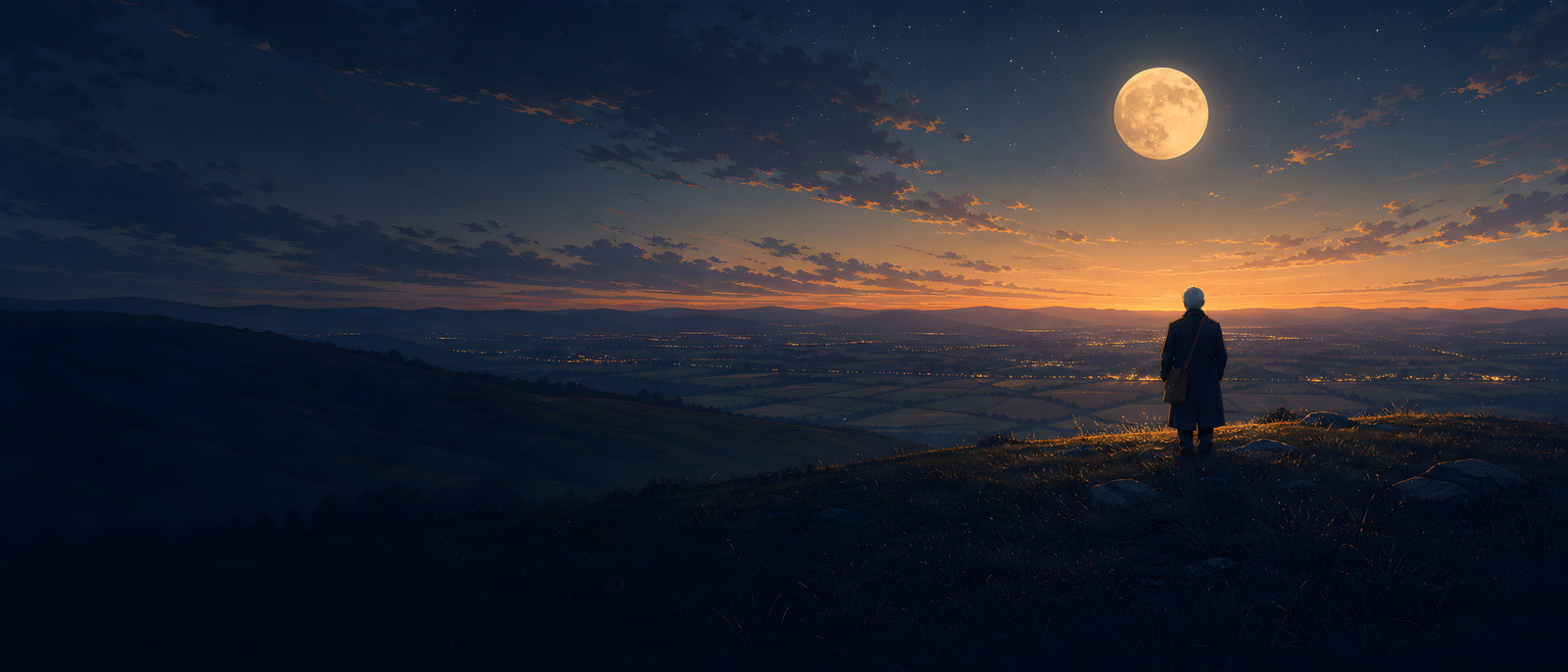 A huge low moon over an open valley at dusk, first stars out, the lights of small towns scattered far below, and Henry small on the crest of a rise.