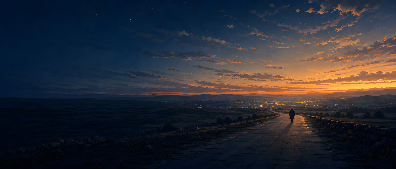 An empty road running toward a distant lit town under a wide dusk sky, Henry walking small near the vanishing point.