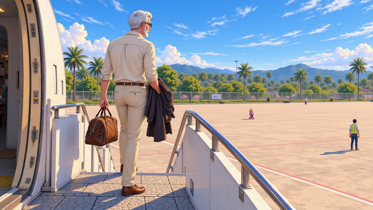 Henry at the top of the aeroplane steps at Da Nang, his heavy overcoat folded over one arm and not worn, stepping out into bright warm air over the apron.