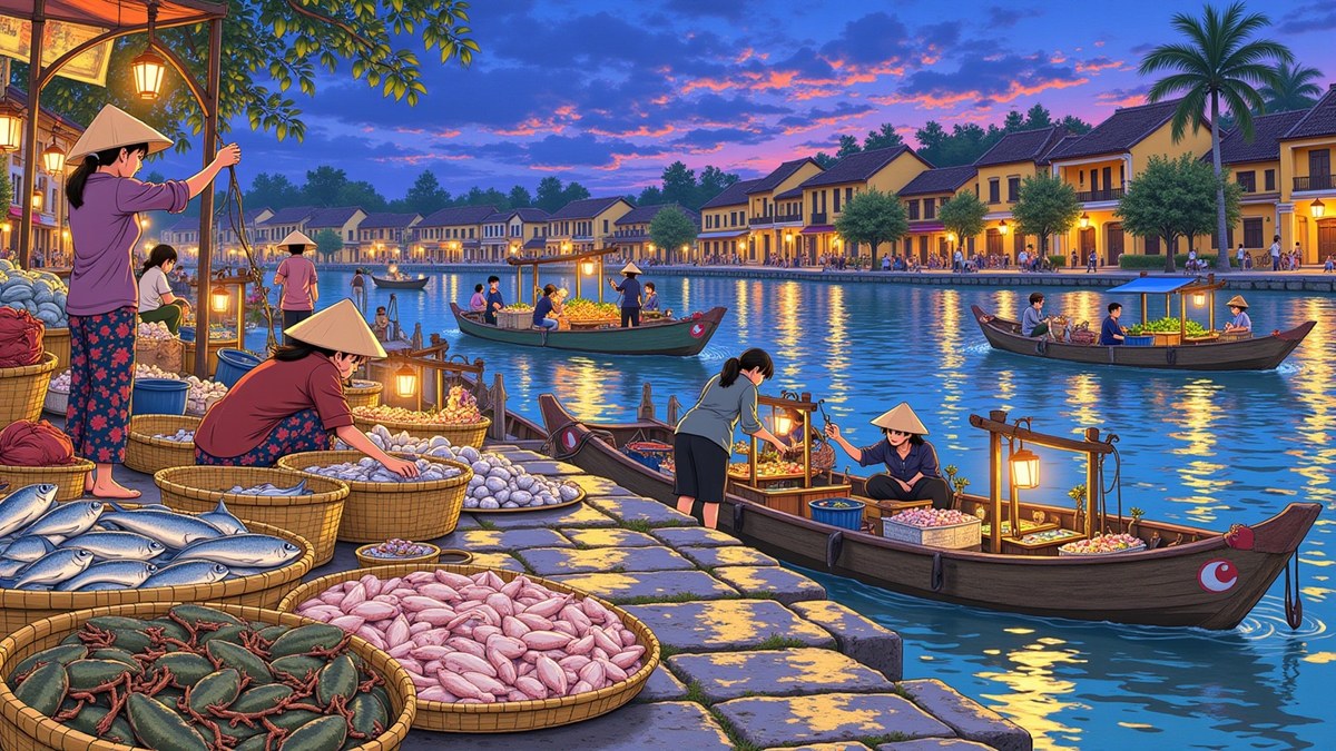 The riverside fish market before sunrise, long wooden boats with eyes painted on their bows sliding up to the bank, women meeting them with baskets and hand scales, lamplight on the water.
