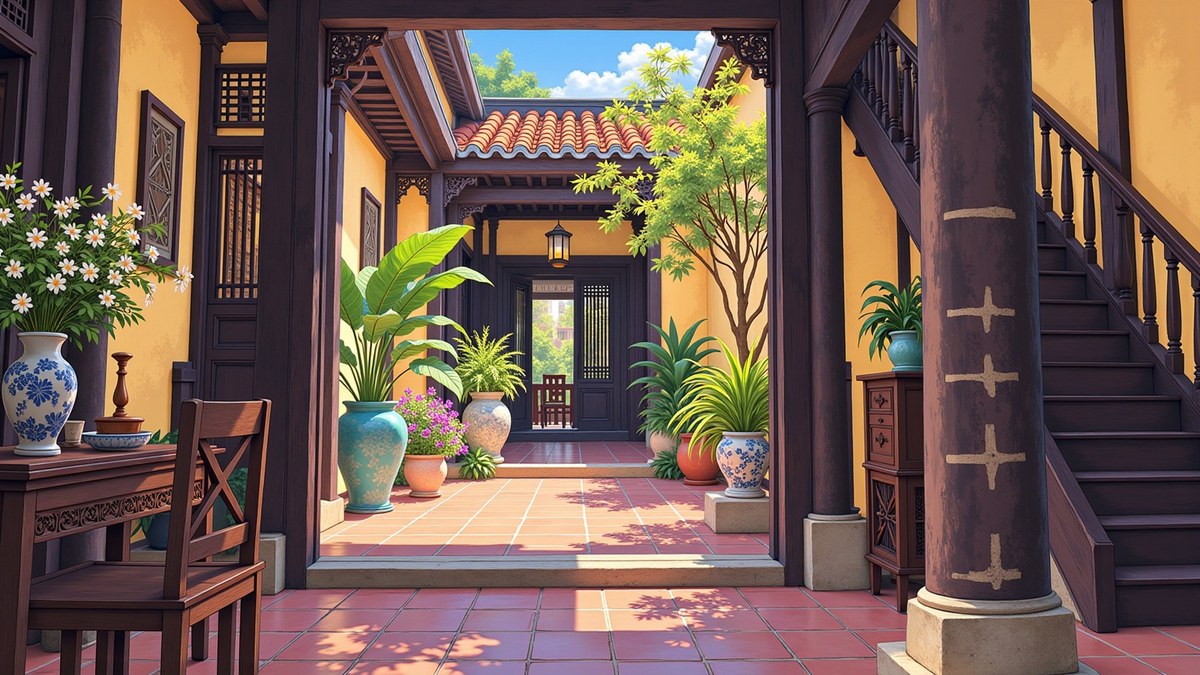 Inside an old merchant house, long and narrow and dim, a shaded front room opening onto a small bright courtyard garden, and faded flood lines marked on a pillar by the stairs.