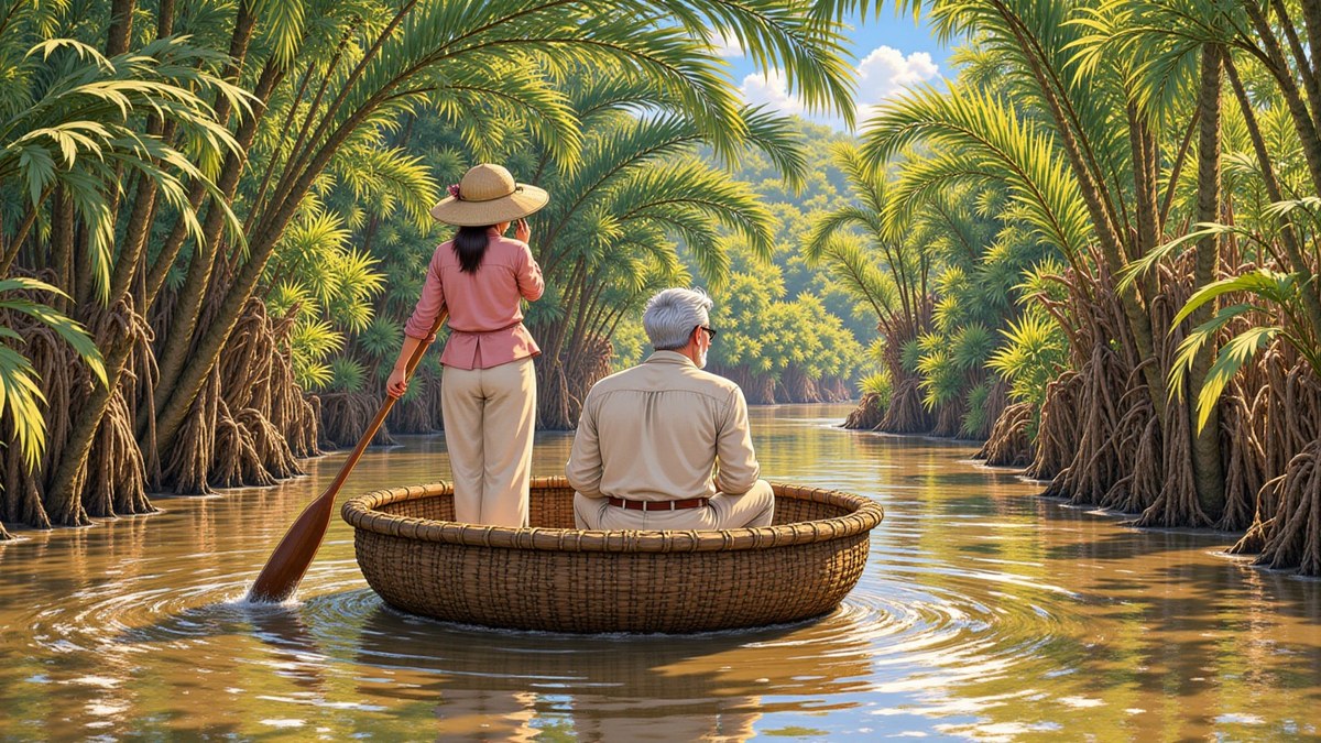 A woman sculling a round basket boat with a single oar through a green tunnel of water-palms, Henry seated low in the boat, sunlight coming through in coins and bars on tea-coloured water.