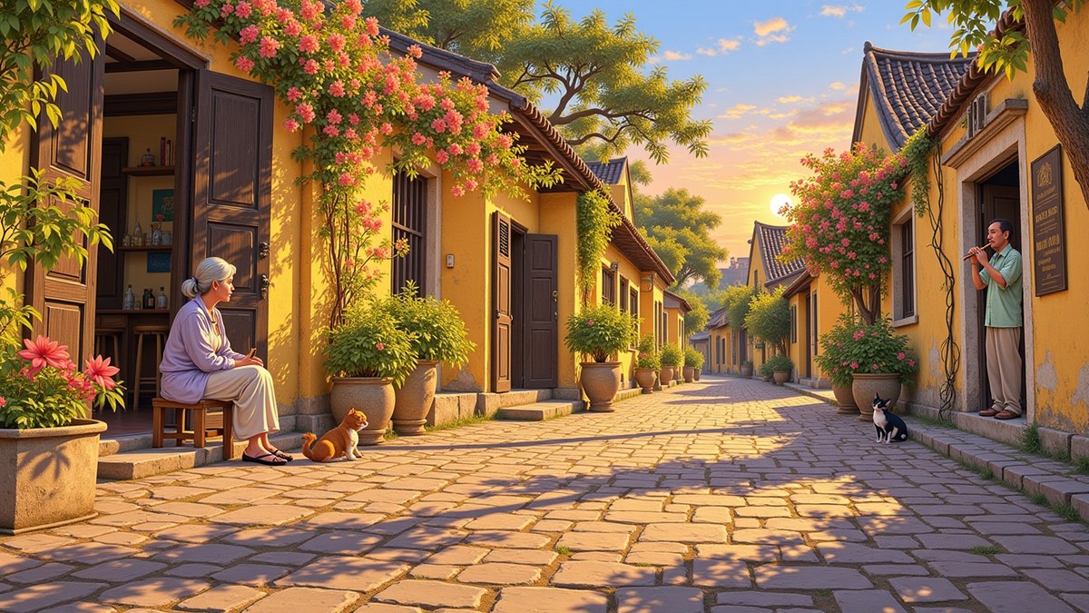 A lane in the old town in the last hour of the afternoon, an old woman on a low stool in her doorway, a man further along with a bamboo flute, cats out on the warm stones.