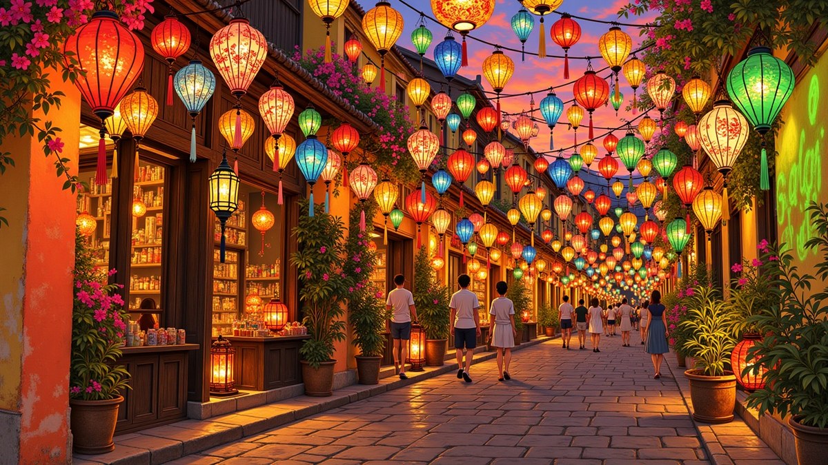 Dusk in the lanes with every lantern alight at once, hundreds of silk lanterns strung overhead in red, gold, blue and green, the yellow walls lit red in one place and green in the next.