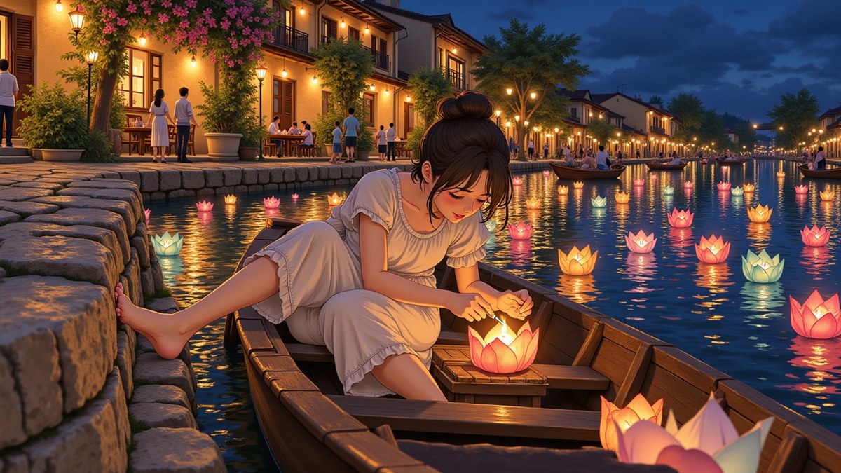 A girl in a small boat holding it against the stone bank with one bare foot while she lights the candle in a lotus-shaped paper lantern, dozens of small flames already drifting behind her.