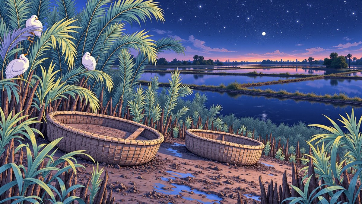 Night outside the town, round basket boats drawn up on the mud among the water-palms, egrets asleep with their heads under their wings, the flooded paddies lying black with the stars laid flat across them.