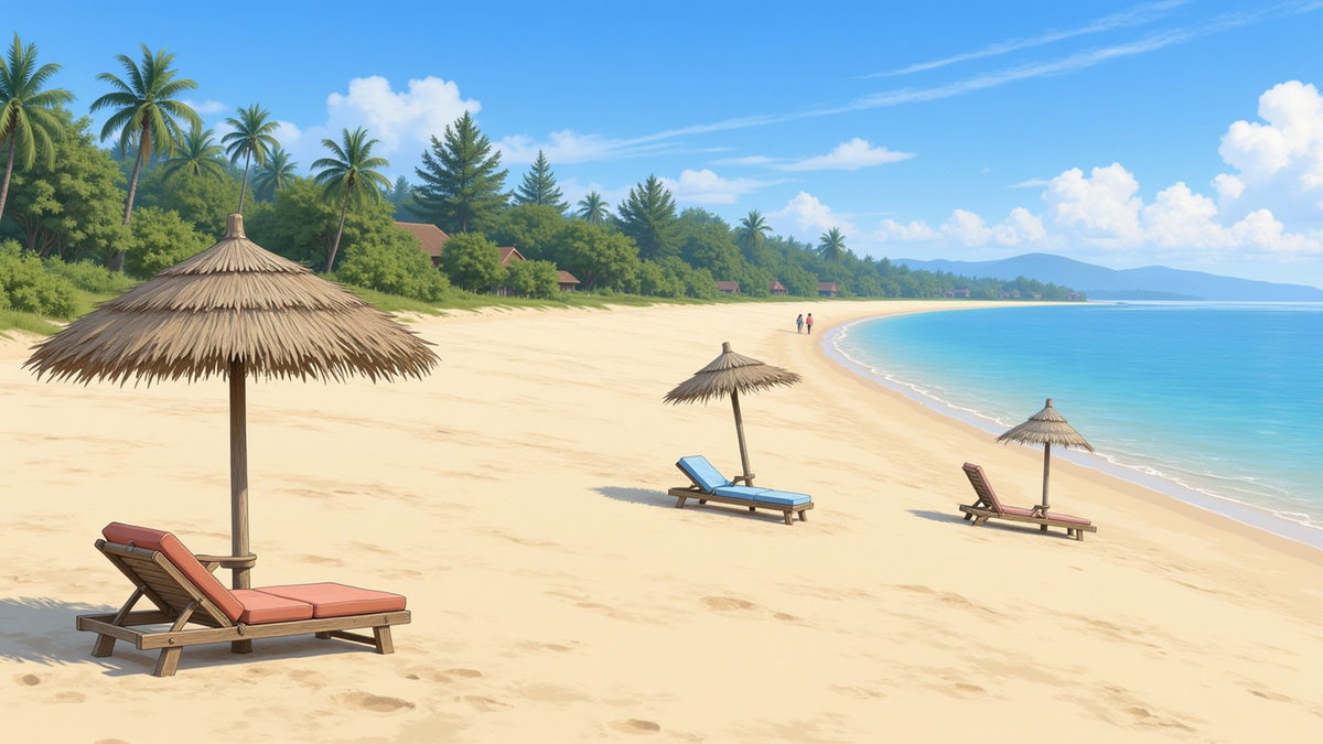 A long empty tropical beach under bright sun, pale sand running away uninterrupted with no one on it.