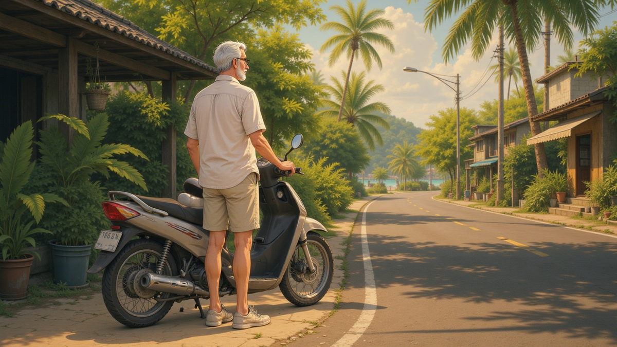 A hired scooter waiting at the roadside in the heat, palms and a low shopfront behind it.