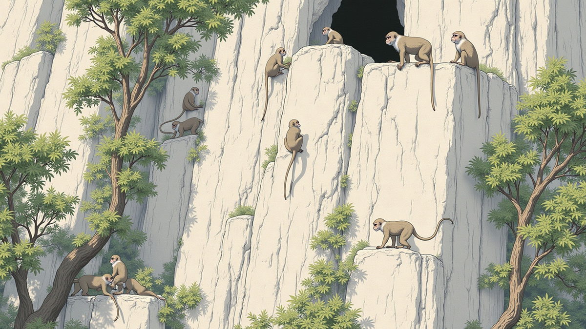 A troop of macaques on a limestone cliff face, big males on the high slabs and mothers with infants on the ledges below.
