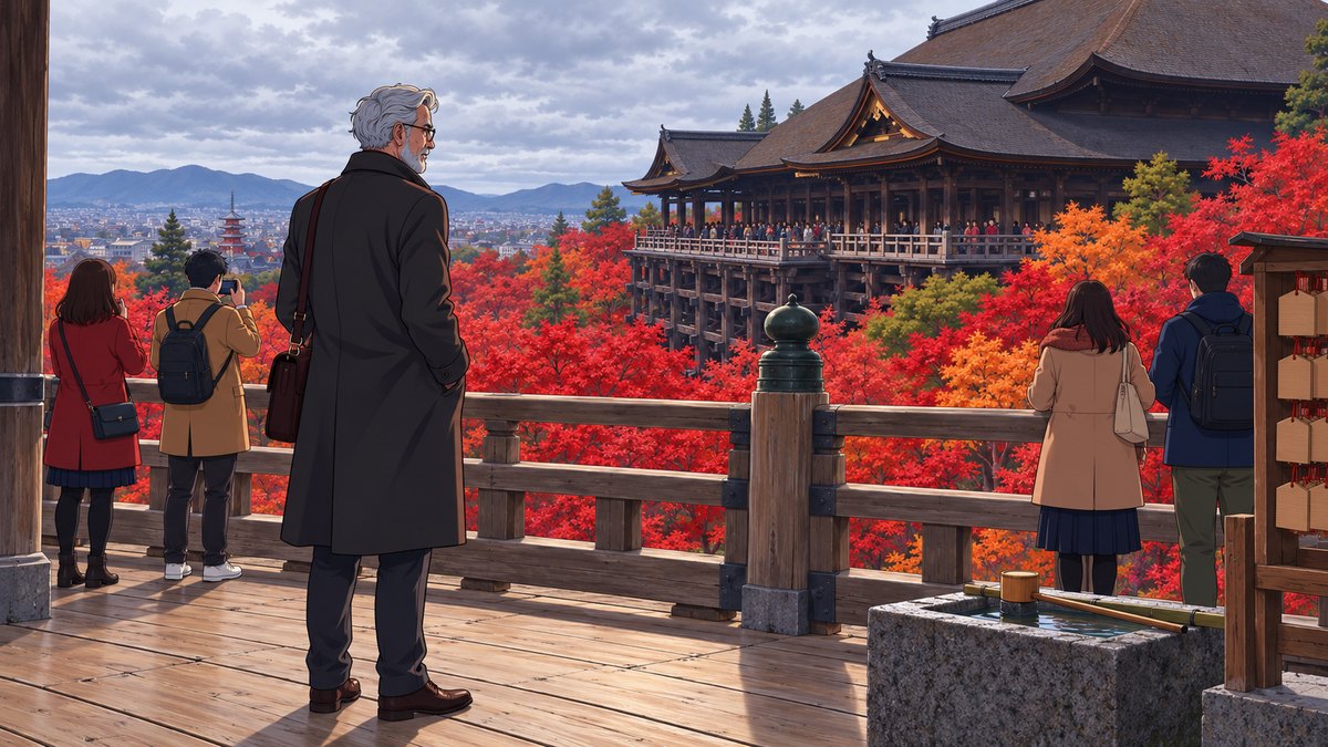 Henry at a wooden railing above a hillside of red maples, looking across to a great timber temple hall built out on stilts, with Kyoto and its hills under a grey sky beyond.