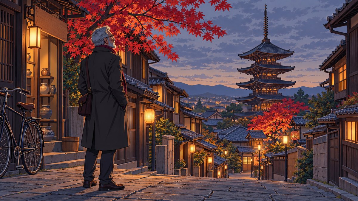 Henry on a sloping stone lane at dusk under a red maple, lit paper lanterns stepping down the slope towards a five-storey wooden pagoda against dark hills and an orange-grey sky.