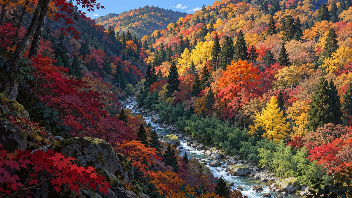 A valley of autumn trees in every colour, scarlet and orange maples, one clear yellow tree, dark cedars and green bamboo, with a river running white over boulders down the middle.
